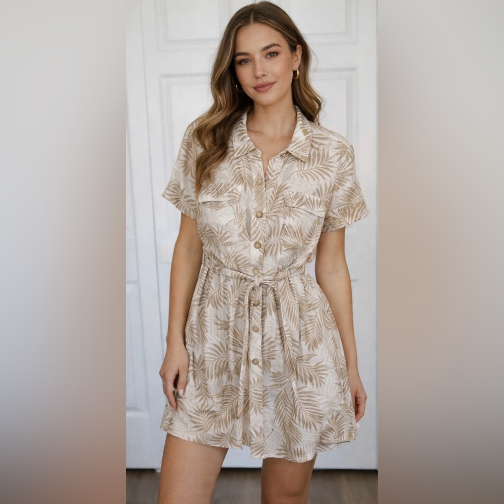 Matty M Tan Leaf Print Jumpsuit
